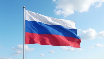 The flag of Russia, proudly waving against the background of blue sky and clouds.