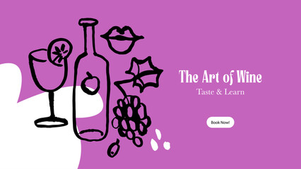 Hand drawn whimsical wine list banner. Vector sketch line art doodle illustration