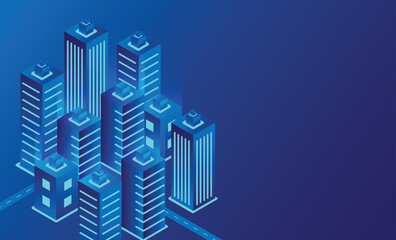 Abstract isometric future city technology design. Real estate and construction industry concept. Vector illustration