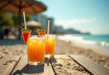 Beachy City park with Tropical drinks during Natural sunlight