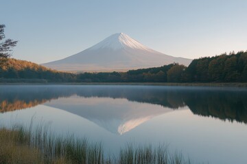 Obraz premium Morning tranquility on Mount Fuji with its majestic reflection in a serene lake surrounded by autumn foliage