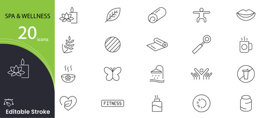 Spa and wellness related line icon set. Wellness, Sauna, Massage, Diet, Exercise, Cosmetics services, healthy lifestyle, face and body care and recreation outline icon collection. Editable stroke. 