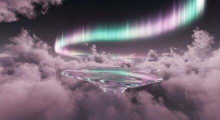 Mystical Floating Platforms Encased In Clouds With Northern Lights Display