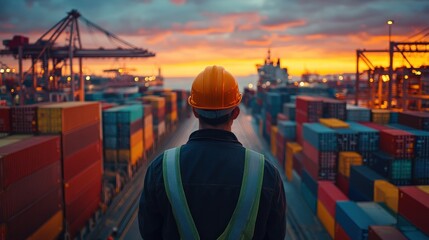 Container shipment operations at dusk port dock industrial scene urban landscape worker perspective