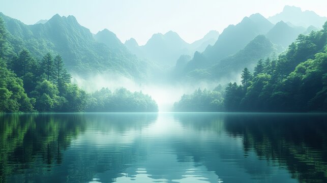 Tranquil teal lake mirroring lush mountains beneath a misty horizon in a peaceful scenic landscape