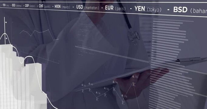 Doctor jotting on clipboard as animated finance overlay updates ticker and bar chart rising
