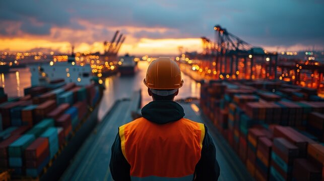 Construction worker overlooking shipping port at sunset industrial landscape professional environment focused viewpoint