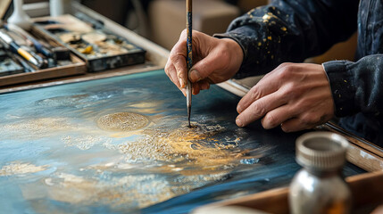 Artist hands skillfully painting a vibrant abstract artwork on canvas with rich textures and colors, showcasing creativity and artistic expression in a studio environment