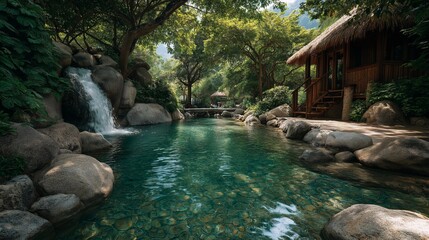 Naklejka premium A serene tropical landscape featuring a clear river, a natural waterfall, lush green trees, and a charming hut with a thatched roof, evoking a peaceful escape