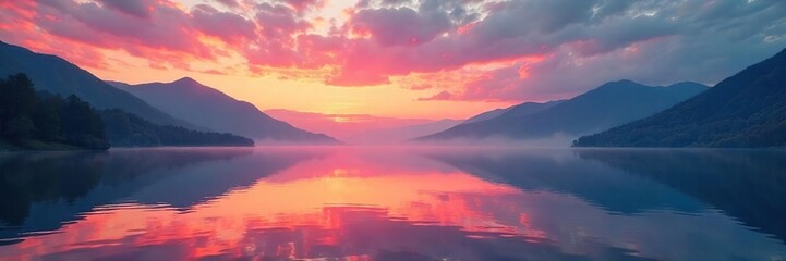 Fototapeta premium Serene sunrise over a calm lake reflecting the vibrant colors of the sky Misty mountains rise in the distance, creating a breathtakingly peaceful waterscape , vibrant, picturesque, sky