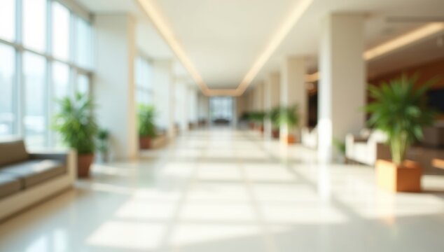 Bright office or hotel lobby in blur, featuring a contemporary area and large glass windows.
