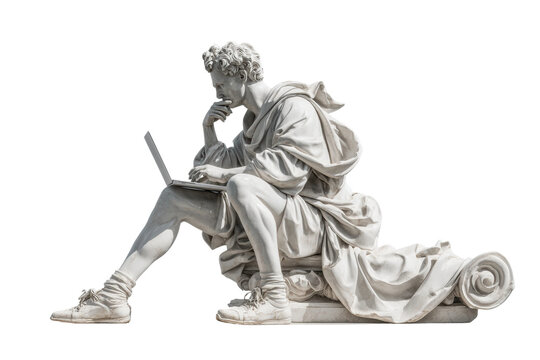 PNG Marble statue of a seated man in deep thought with laptop