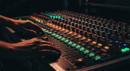 Detailed shot of audio engineer hands adjusting professional mixing board knobs faders and meters with colorful LED reflections