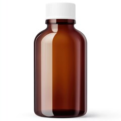Fototapeta premium Amber glass bottle with white cap, isolated on white background; smooth, slightly curved