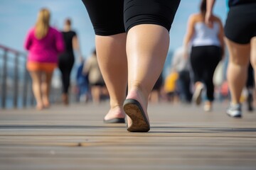 Fototapeta premium Overweight woman strolling along the pier with others during a sunny day at the waterfront