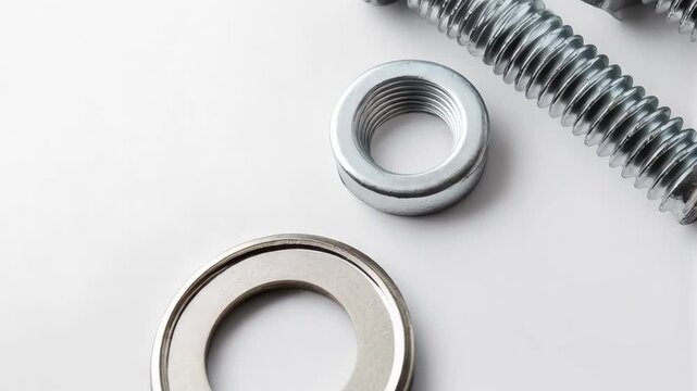Metal fasteners arranged on a white surface highlighting shiny bolts and a nut for construction and repair projects