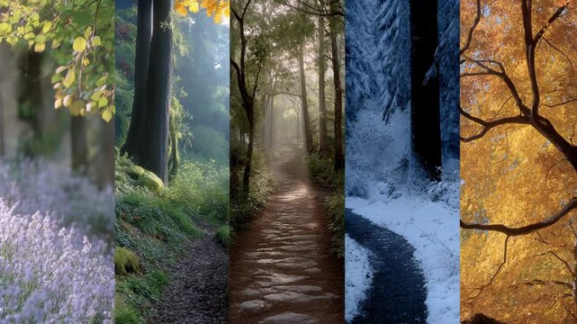 Four Seasons Nature Walk: A Vertical Collage Showcasing Spring, Summer, Autumn, and Winter
