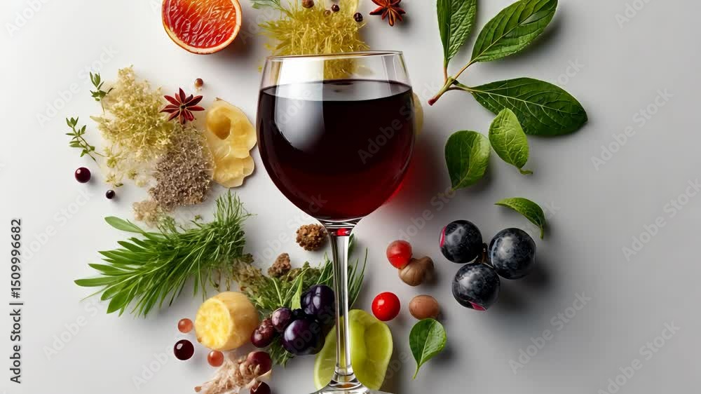 Poster glass of wine is surrounded by various fruits and herbs, creating a visually appealing and inviting 