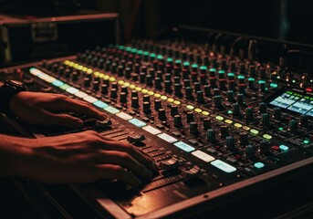 Fototapeta premium Detailed shot of audio engineer hands adjusting professional mixing board knobs faders and meters with colorful LED reflections