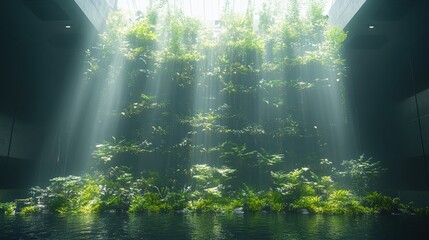 Radiant Sunbeams Illuminate Lush Indoor Garden Over Tranquil Water Pool Under Modern Glass Ceiling