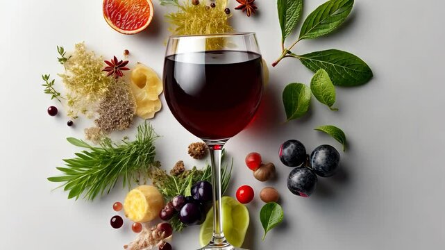Glass of wine is surrounded by various fruits and herbs, creating a visually appealing and inviting scene. The combination of the wine and the natural elements suggests a sense of relaxation