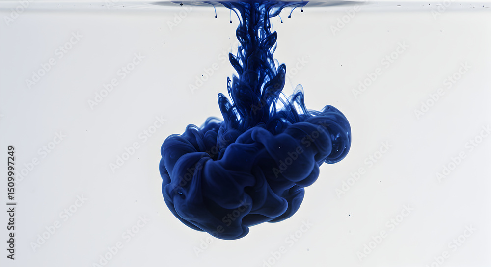 Poster deep blue pigment dissolving dynamically in water column against bright backdrop