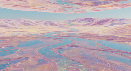 Pastel Colored Landscape Showing a Winding River and Rolling Hills