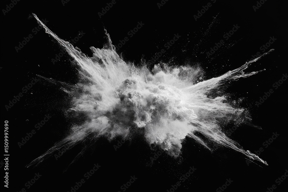 Poster dynamic black background with a powerful white explosion of dust and debris creating visual impact, 