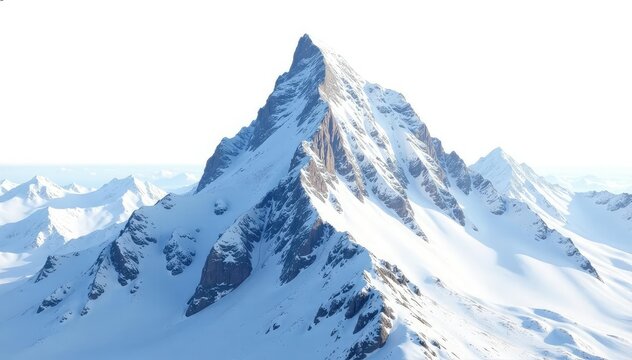A pristine, snow-covered mountain peak isolated on white , mountain range, crisp, alps