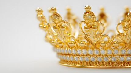 Fototapeta premium 3D render of a detailed, golden crown adorned with sparkling gemstones and intricate floral designs.