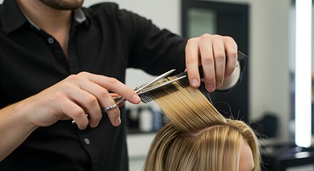 Naklejka premium Professional Hair Cutting Expert Stylist Trimming and Shaping Blonde Hair in a Modern Salon