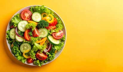 Close-up shot of the a plate of fresh salad top view.