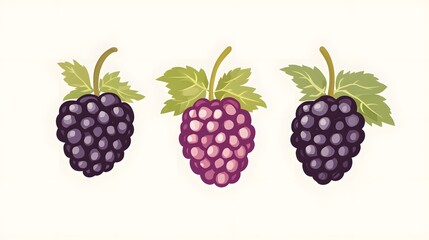 Digital illustration of three blackberries with green leaves, presented in a flat, stylized design.