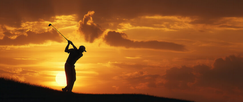 Elegant golfer silhouetted against a vibrant sunset, capturing the artistry of the sport in dramatic light and motion
