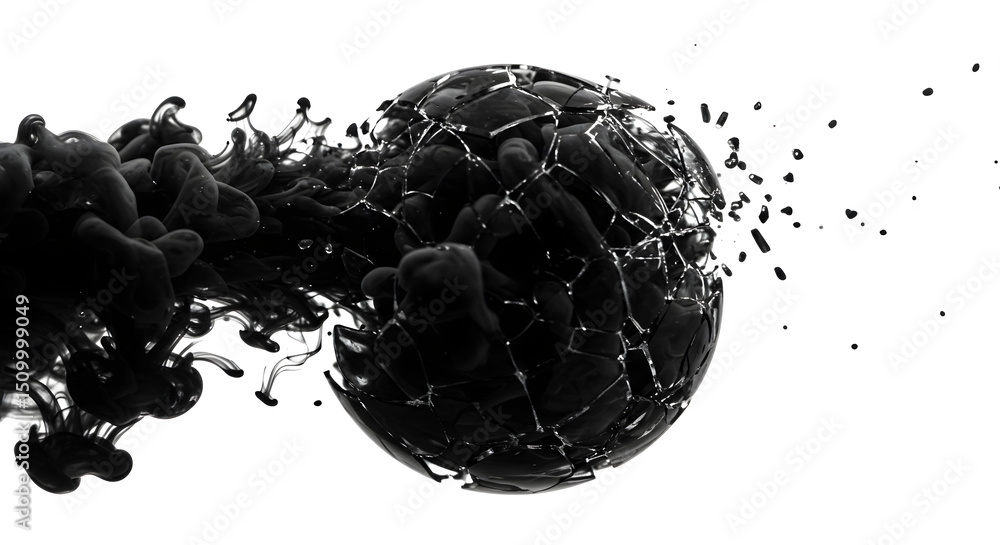 Poster ethereal collision black ink splattering against sphere dissolving into fragments