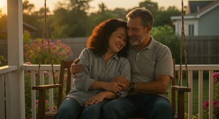 Golden Hour Romance A Mature Couple's Embrace on a Porch Swing, Embracing Life's Simple Joys and Lasting Love
