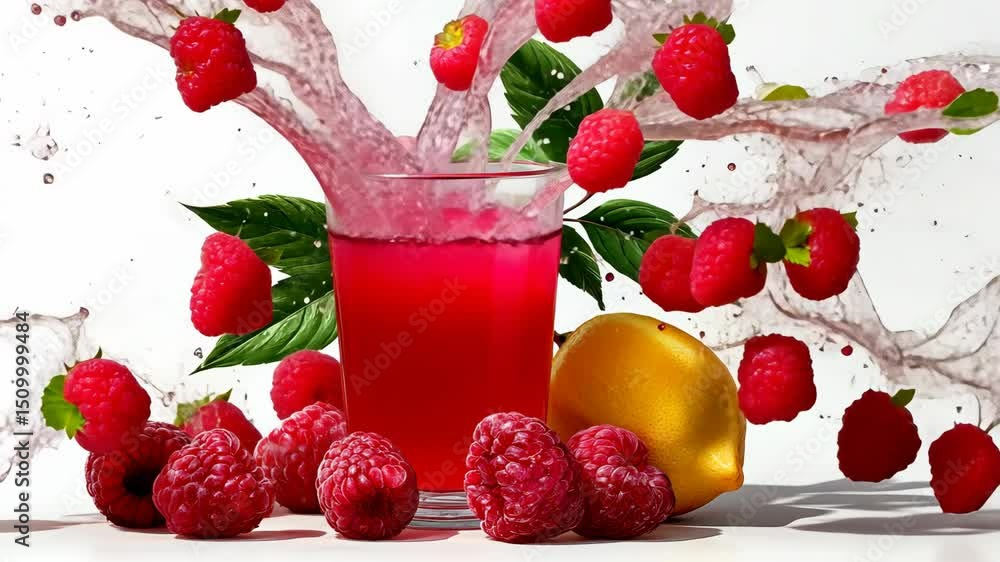 Aufkleber glass of pink raspberry juice is on a table with a slice of lemon and a bunch of raspberries