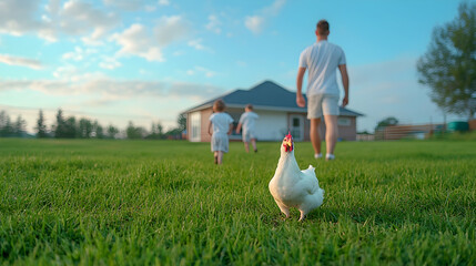 Family and Chicken in Backyard