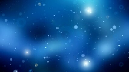 A dark blue abstract background with glowing particles evokes a starry night sky or a winter galaxy