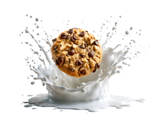 A chocolate chip cookie being splashed with milk on transparent background