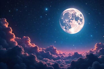 Obraz premium Mystical full moon dominates a star-filled cosmic expanse, ethereal glow illuminating celestial dust and distant galaxies Perfect for fantasy, sci-fi, and spiritual themes , constellation, full moon