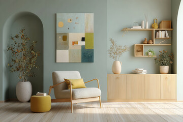 Exploring minimalism in a warm living room with a green wall and artistic decor elements