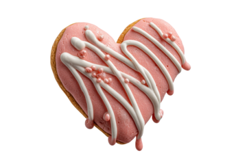 PNG Heart-shaped pink cookie with white icing and sugar pearls on black background
