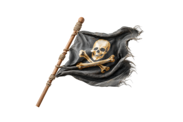 PNG Aged pirate flag with wooden handle displaying skull and crossbones