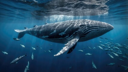 Fototapeta premium Sharks swim together with various fish in clear ocean water, creating a stunning marine life scene.