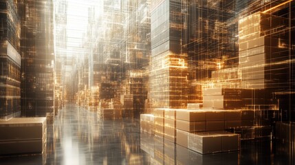 Dynamic warehouse automation modern storage facility visual data representation high-tech environment aerial view conceptual innovation