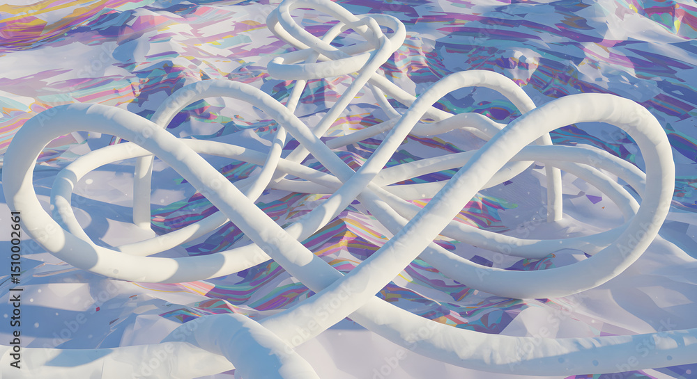 Poster abstract white loop structures resting on a multicolored crystalline plane
