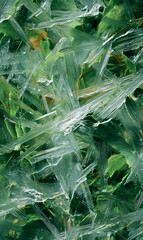 Abstract nature scene featuring sharp translucent ice shards on vibrant green foliage creating a dynamic surface