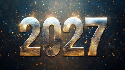 2027 New Year Celebration Design In Polished Silver With Sparkles On A Dark Blue Background
