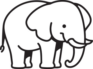 Illustration of a friendly elephant posing with a delightful expression in black outlines.
